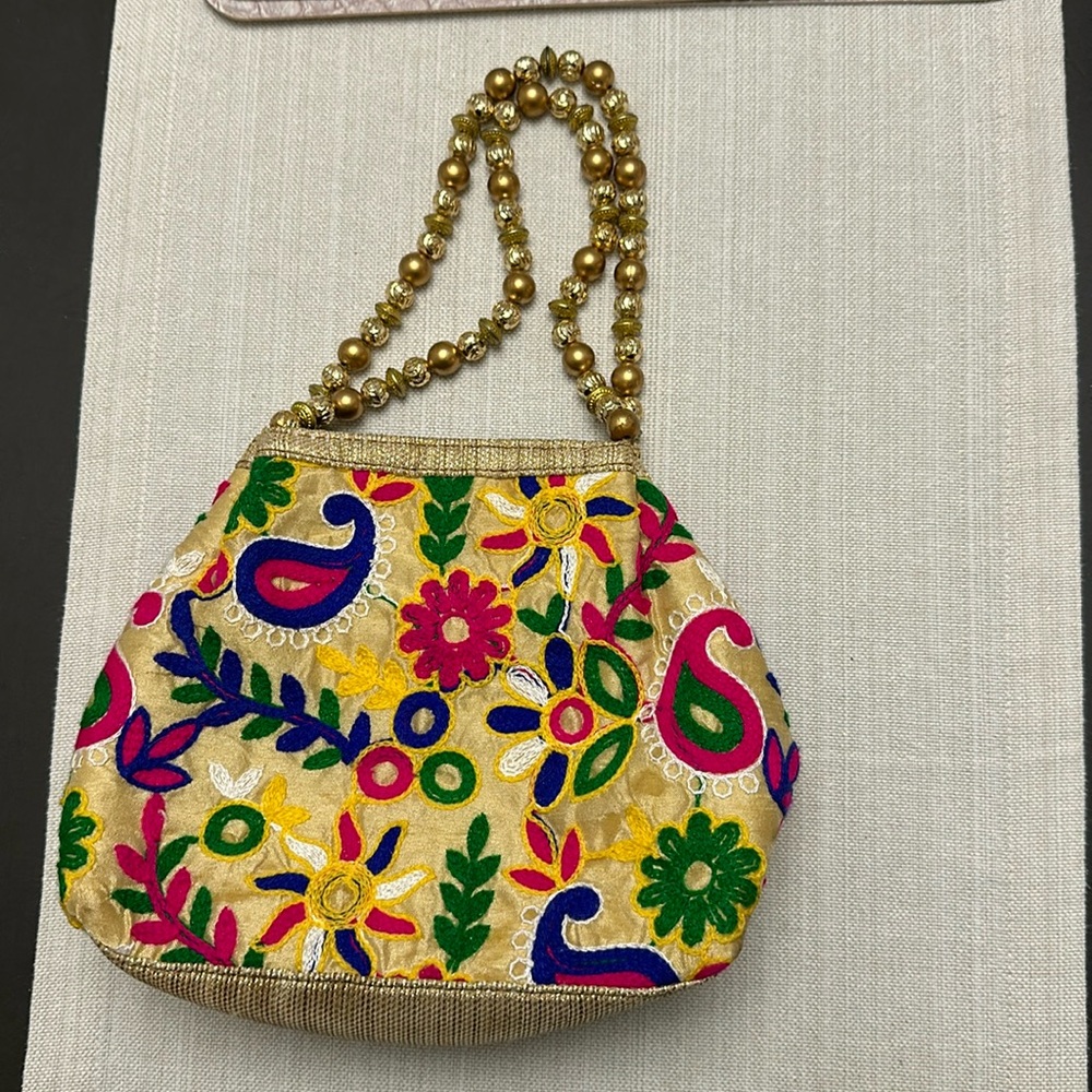 Paisley embroidered beaded strap hand purse